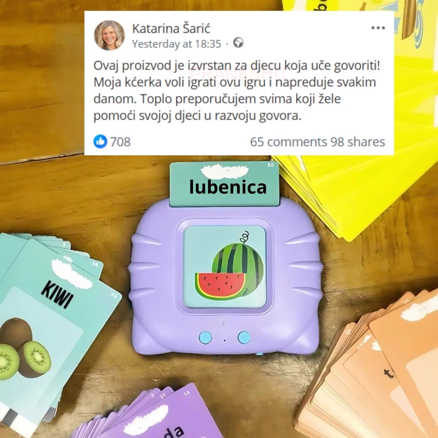 Recenzija zadovoljnog kupca za KinderSpeech edukativni čitač kartica s ilustracijom lubenice, koji pomaže djeci u razvoju govora i učenju novih riječi.