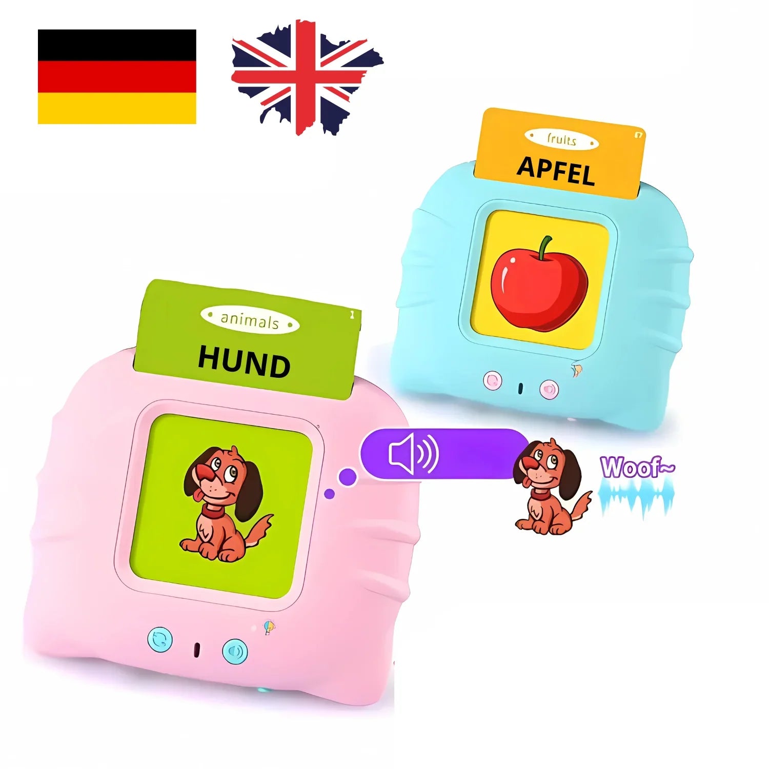 KinderSpeech interaktivni uređaji za učenje stranih jezika s karticama "Hund" (pas) i "Apfel" (jabuka), prikazani uz njemačku i britansku zastavu za dvojezični razvoj govora.