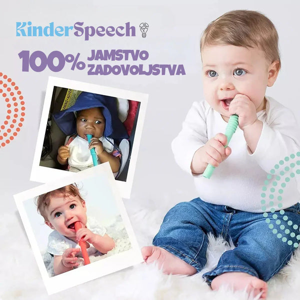 Promotivna slika Kinderspeech-a s bebama koje koriste senzorne igračke za žvakanje i natpisom o stopostotnom jamstvu zadovoljstva.