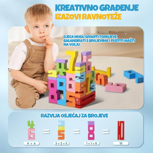 Promotivni oglas za Kinderspeech koji prikazuje dječaka s drvenim brojevima za slaganje i tekstom o razvijanju osjećaja za brojeve kroz kreativno građenje.