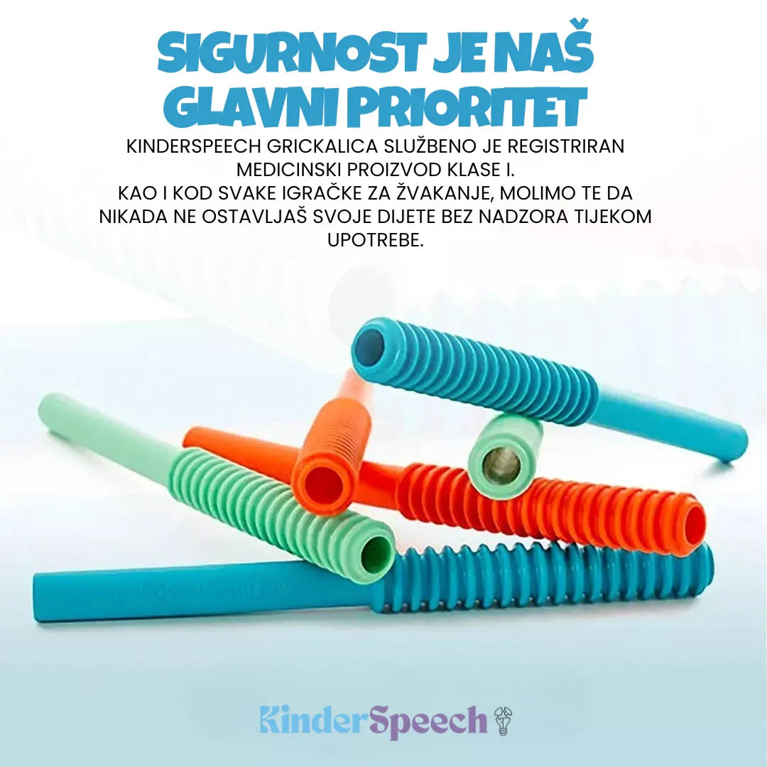 Promotivni oglas za Kinderspeech koji prikazuje šarene senzorne grickalice uz tekst o sigurnosti i registraciji proizvoda kao medicinskog pomagala klase I.