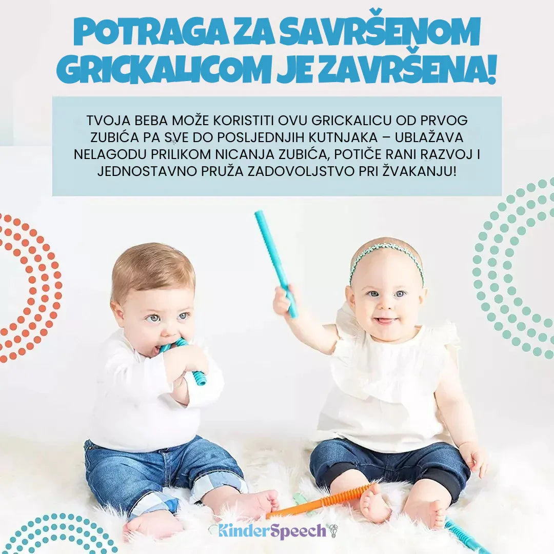 Promotivni oglas za Kinderspeech grickalice s dvije bebe i tekstom o ublažavanju nelagode pri nicanju zubića.