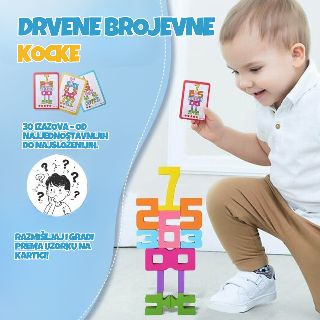 Promotivni oglas za drvene brojevne kocke koji prikazuje dječaka kako slaže brojeve prema uzorku na kartici.