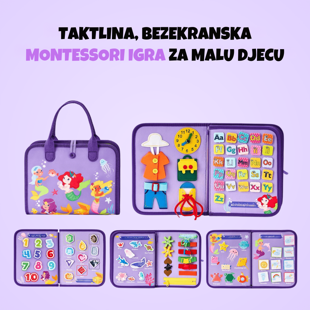 Ljubičasta senzorna torba (busy board) koja prikazuje različite sklopive stranice s Montessori aktivnostima poput učenja abecede, brojeva, oblika i vještina odijevanja. Vanjska strana torbe ukrašena je šarenim motivima sirena i morskog svijeta.