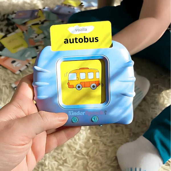 Plava KinderSpeech igračka za učenje govora s karticom "autobus" iz kategorije vozila, dizajnirana za interaktivno učenje riječi kod djece.