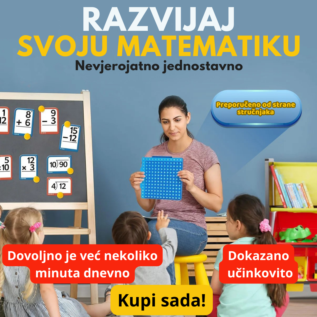 Promotivna slika koja prikazuje učiteljicu ili majku kako djeci objašnjava matematiku koristeći plavu Montessori ploču. U pozadini se nalazi stalak s karticama za vježbanje osnovnih matematičkih operacija, dok tekst na slici naglašava jednostavnost, učinkovitost i preporuku stručnjaka uz poziv na kupnju.