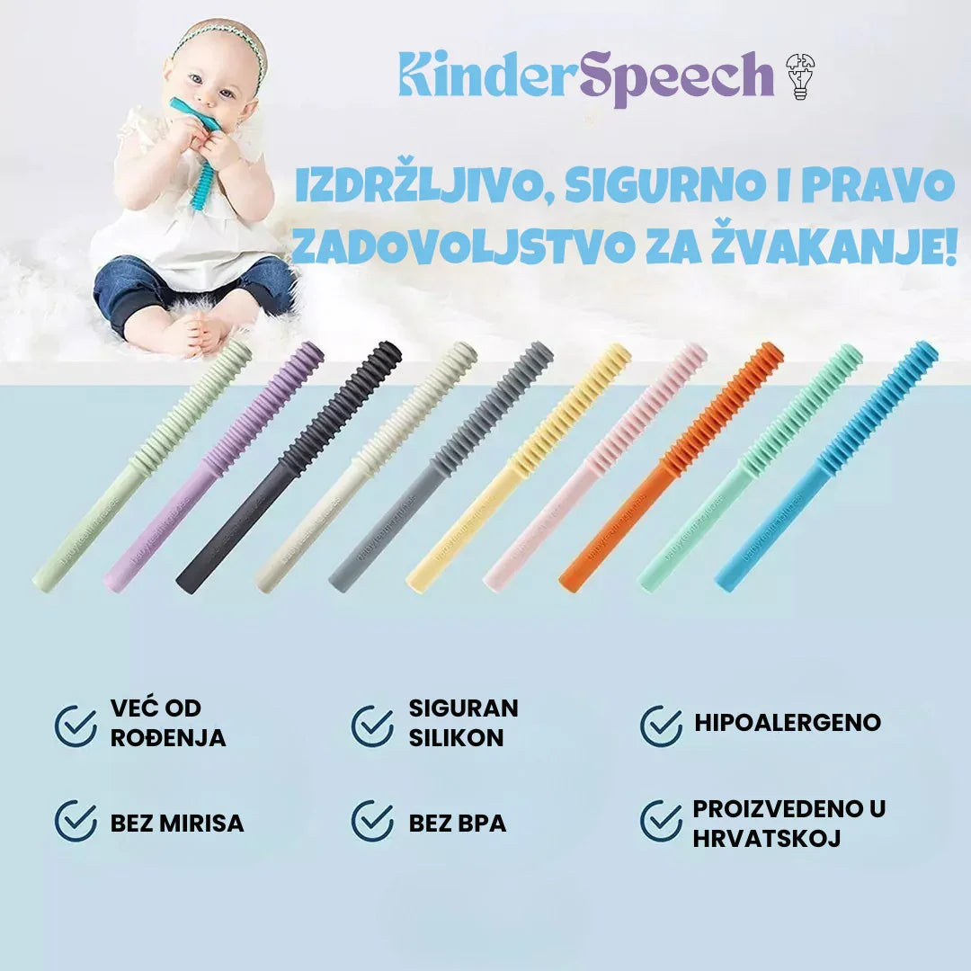 Promotivni oglas za Kinderspeech koji prikazuje bebu s grizalicom, niz šarenih senzornih grizalica i istaknute prednosti poput sigurnog silikona, bez BPA i proizvodnje u Hrvatskoj.