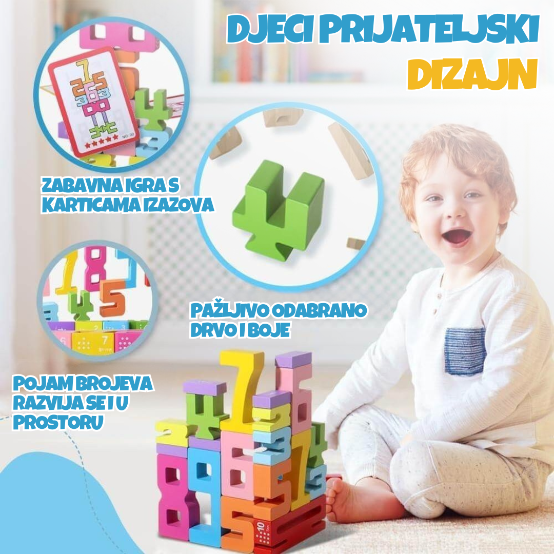 Promotivni oglas koji prikazuje nasmijanog dječaka uz drvene brojevne kocke i istaknute značajke poput dizajna prilagođenog djeci i pažljivo odabranog drva.