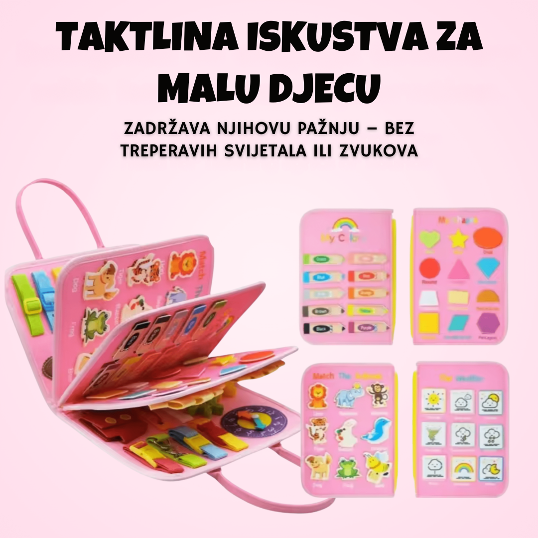 Tirkizna senzorna torba (busy board) s prikazom unutrašnjih stranica koje sadrže aktivnosti za razvoj fine motorike, učenje brojeva, boja, oblika i abecede. Vanjska strana torbe ukrašena je motivima svemira, planeta i raketa, a tekst ističe da je proizvod pažljivo dizajniran za najmlađe i sklopiv za putovanja.