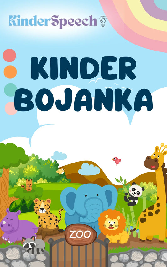 Naslovnica Kinder Bojanke s motivima životinja iz zoološkog vrta, uključujući slona, lava i žirafu, dizajnirana za kreativnu igru i razvoj djece.