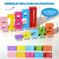 Prikaz dimenzija i broja dijelova proizvoda s drvenim brojevnim kockama raznih boja i veličina.