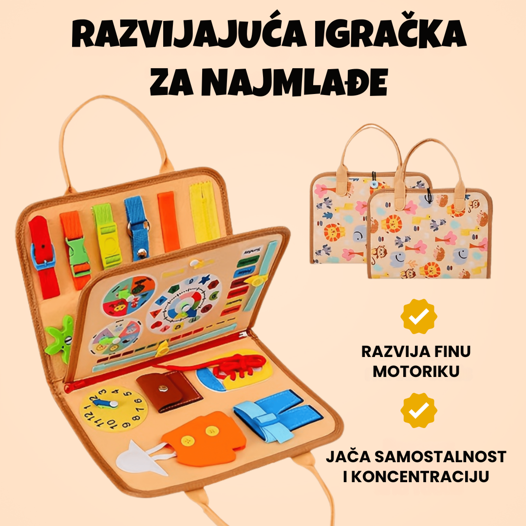 Edukativna senzorna torba (busy board) u bež boji s raznobojnim elementima za razvoj fine motorike poput kopči, patentnih zatvarača i vezica. Na slici je prikazana otvorena unutrašnjost s aktivnostima te zatvorena verzija torbe s uzorkom životinja, uz tekst koji naglašava da igračka jača samostalnost i koncentraciju najmlađih.