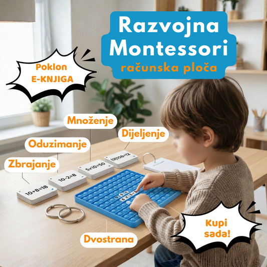 Fotografija dječaka koji za stolom koristi plavu Montessori računsku ploču za učenje matematike. Na slici su prikazane kartice s operacijama zbrajanja, oduzimanja, množenja i dijeljenja, uz tekstove koji ističu da je ploča dvostrana te da uz kupnju dolazi poklon e-knjiga.