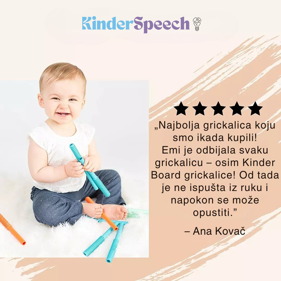 Promotivni oglas za Kinderspeech koji prikazuje nasmijanu bebu s grizalicama i pozitivnu recenziju kupca Ane Kovač.