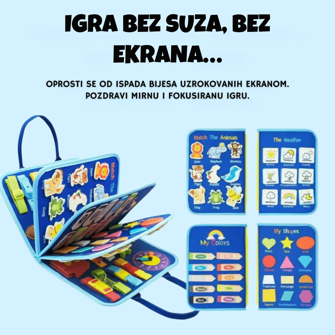 Alt tekst: Fotografija djevojčice koja sjedi na kauču i igra se s otvorenom ružičastom senzornom torbom. Djevojčica prstom pokazuje na šarene brojeve unutar torbe, dok su na drugoj stranici vidljivi bijeli čičak-oblici životinja.