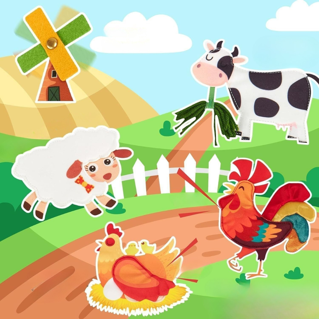 Ilustracija seoskog imanja sa šarenim likovima životinja od filca, uključujući kravu, ovcu, pijetla i kokoš s pilićima. U pozadini se nalazi vjetrenjača sa žutim i zelenim krakovima, brežuljci i bijela ograda.
