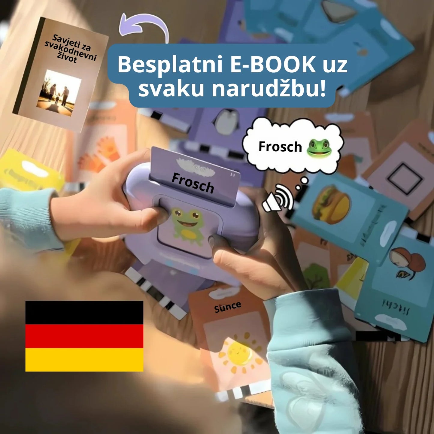 KinderSpeech interaktivni uređaj za učenje njemačkog jezika s karticom "Frosch" (žaba) i prikazom njemačke zastave uz promociju besplatnog e-booka.