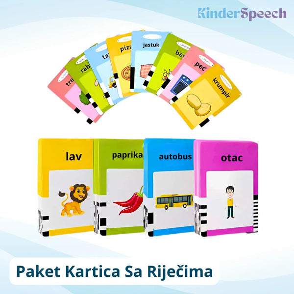 KinderSpeech paket edukativnih kartica sa slikama i riječima poput lav, paprika i autobus, dizajniran za razvoj dječjeg rječnika i učenje govora.