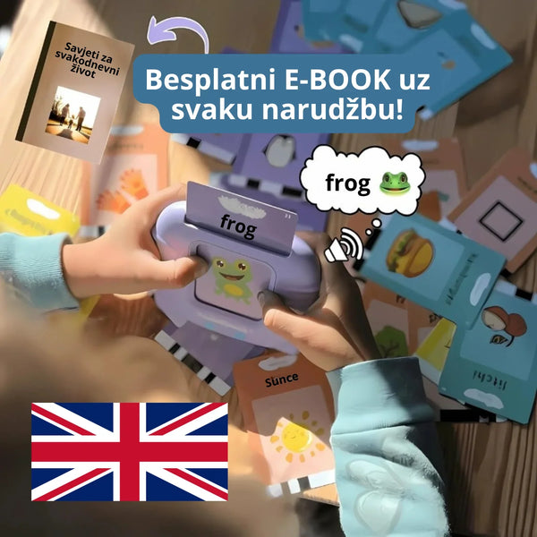 KinderSpeech interaktivni uređaj za učenje engleskog jezika s karticom "frog" (žaba) i prikazom britanske zastave uz promociju besplatnog e-booka.